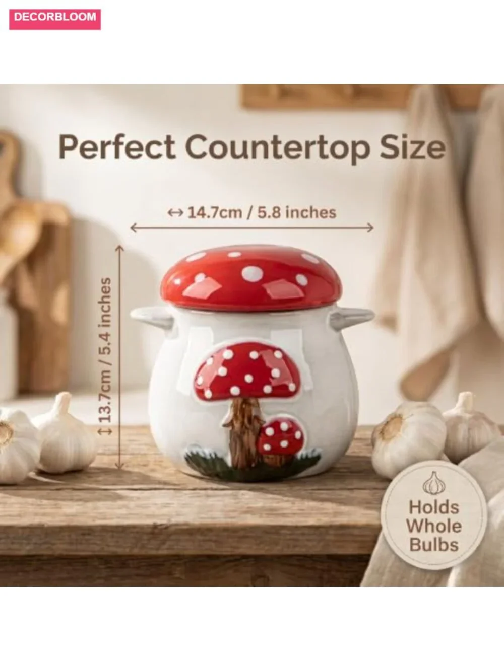 Ceramic Garlic Keeper with Lid Mushroom Decor Ventilated Garlic Storage Jar